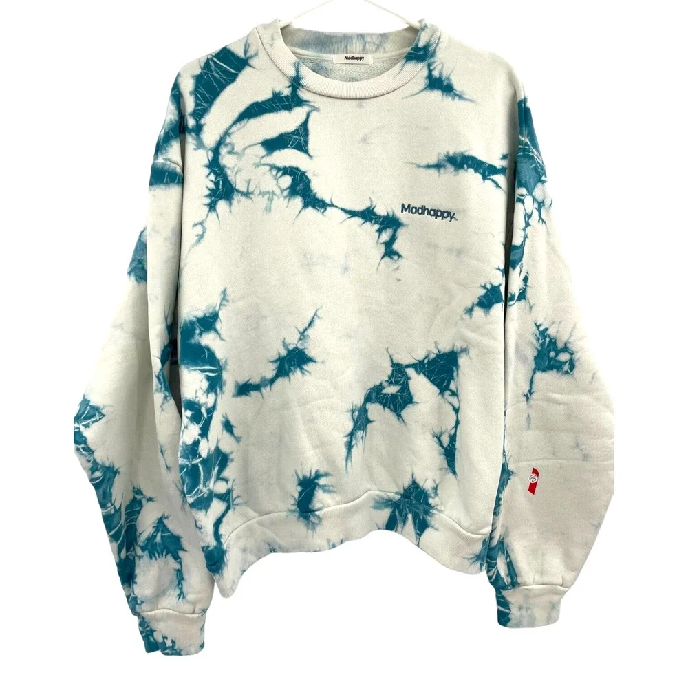 Madhappy Mens White Blue Tie Dye Crew Neck Sweatshirt Long Sleeve Size Small